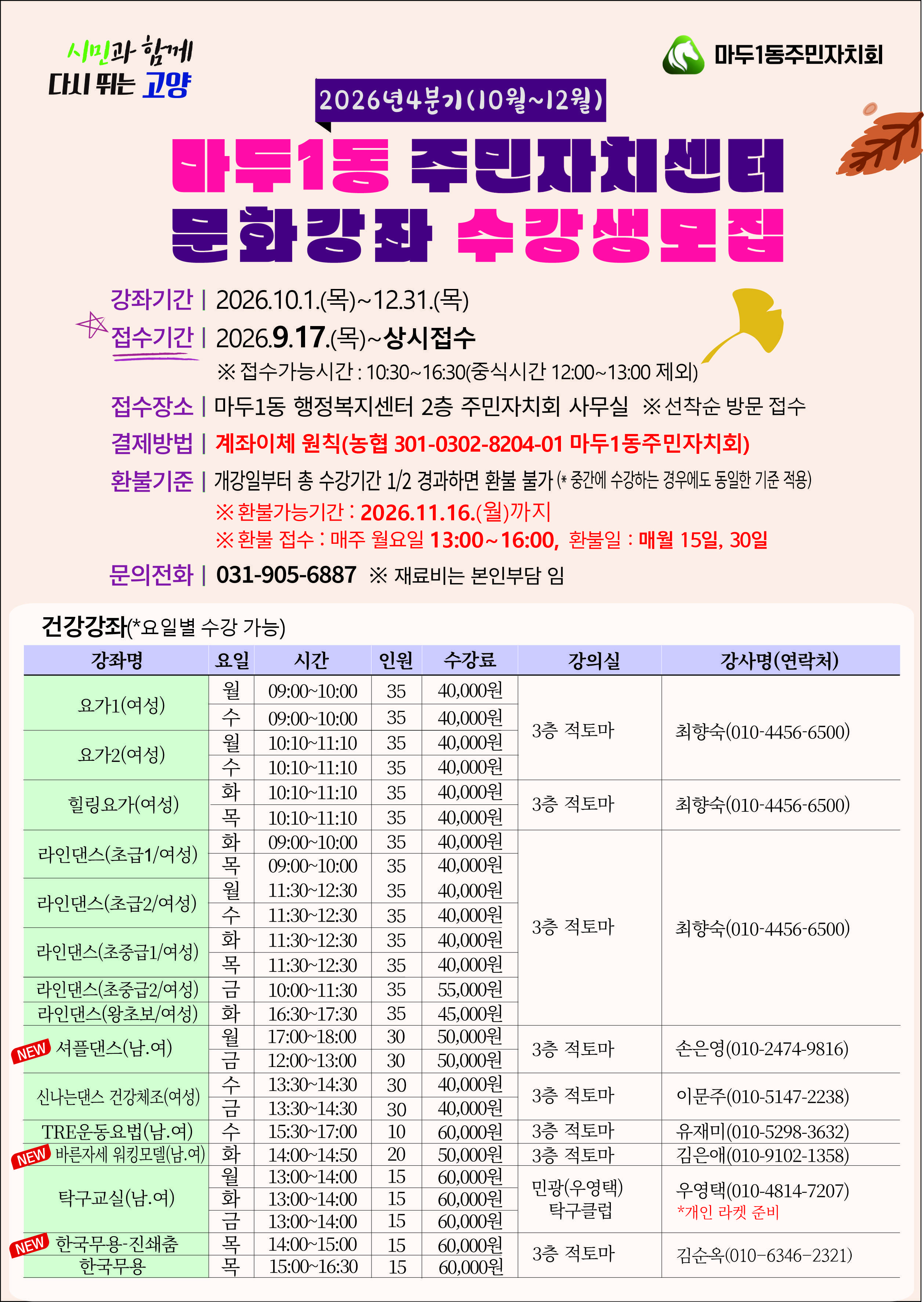 2026년 4분기 마두1동 주민자치센터 문화강좌 수강생 모집